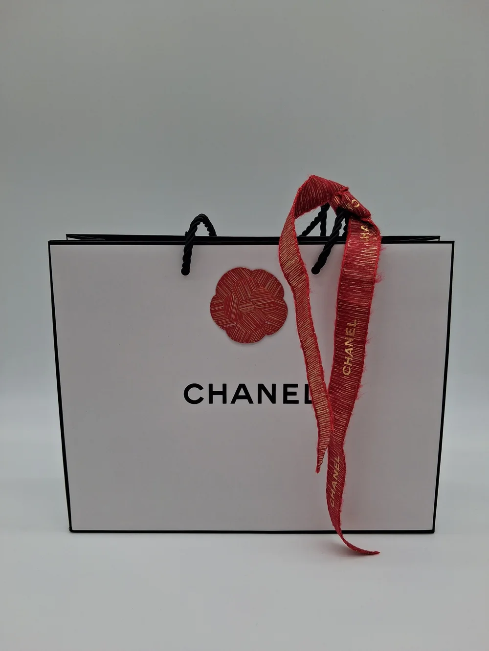 CHANEL Gift Bag Red Gold Ribbon Camellia Holiday Luxury Packaging Set EUC